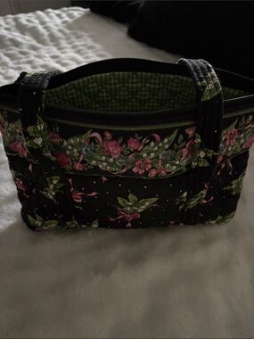 Vera Bradley Black Quilted Floral Tote with Pink and Green Accents